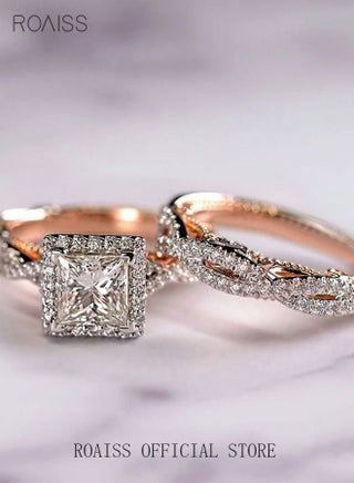 3PCS Zircon Ring Set Rhinestone Crystal Promise Engagement Eternity Rings Eternity Finger Jewelry Wedding Gift Decorative Ring for Couples Men Women Teen Girls Rose Gold - view 3